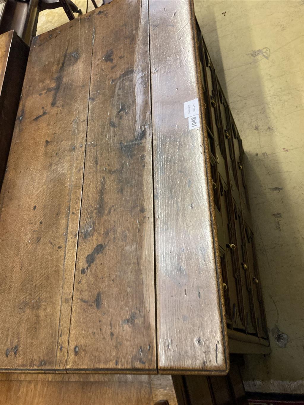 An early 18th century geometric moulded oak chest of drawers, width 96cm, depth 54cm, height 94cm
